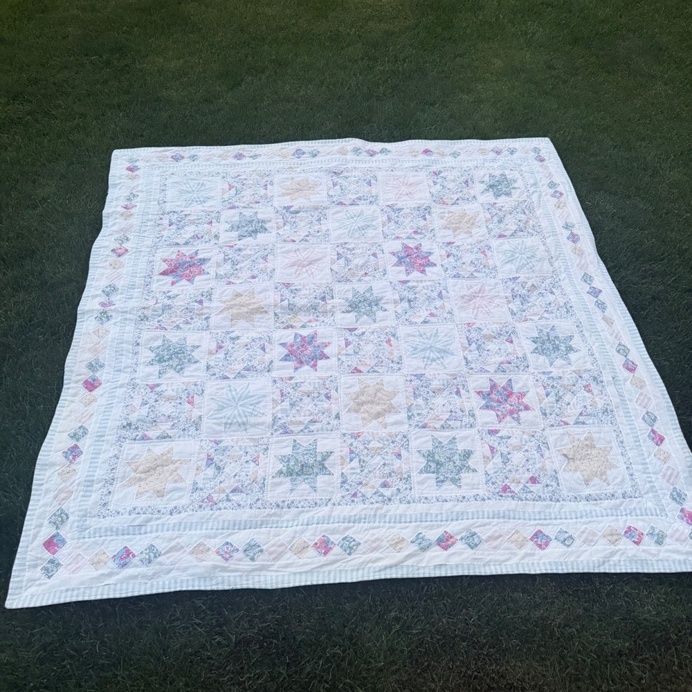 B- Vintage Handmade Patchwork Star Quilt Pastel Floral Blue Pink White 80x80